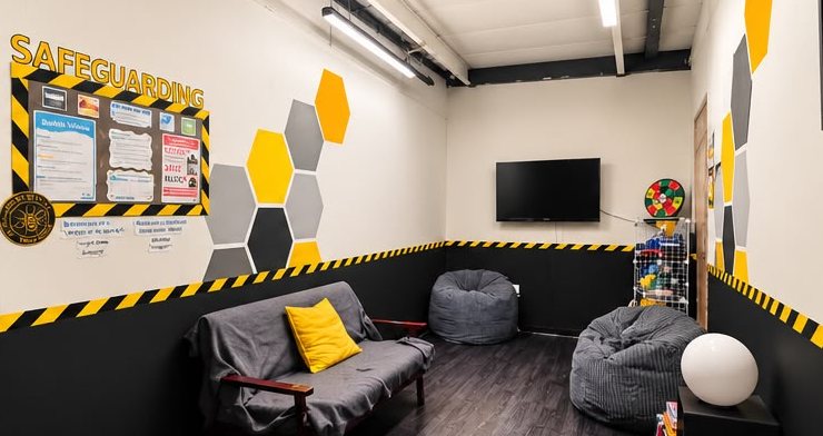 Break-out room with sofas, bean bags and the safeguarding noticeboard